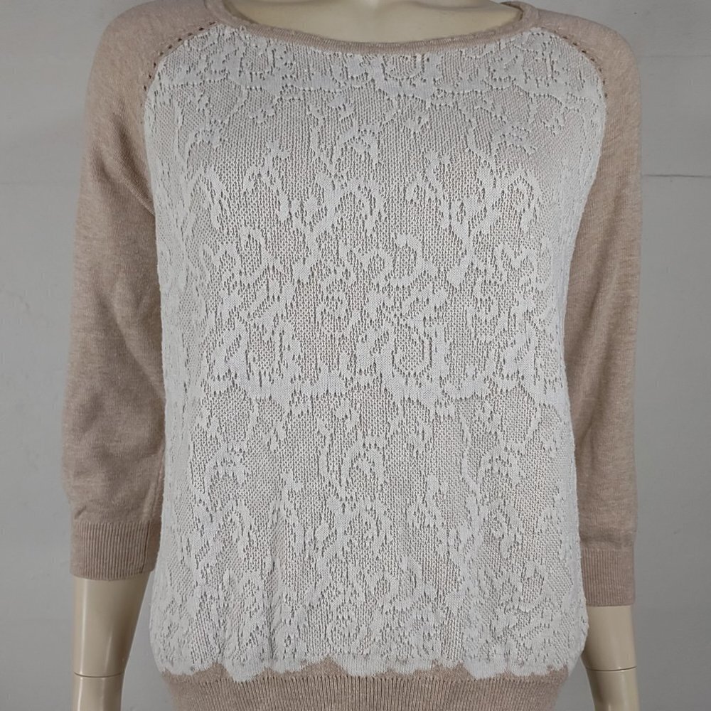 Knitted & Knotted tan ivory lacy front lightweight sweater knit top women Large